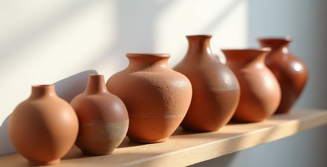 Composición de cerámicas artesanales terracota en estantería minimalista