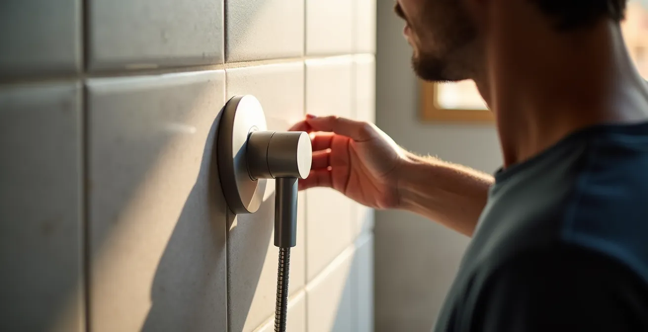 Vista lateral de ducha con grifo empotrado a altura ergonómica de 110cm