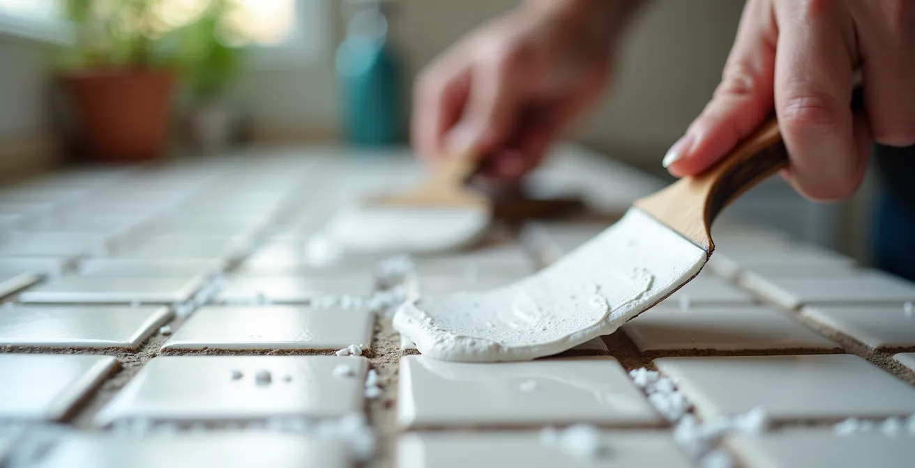 Manos aplicando masilla especial sobre juntas de azulejos en cocina española para preparar superficie antes del papel pintado