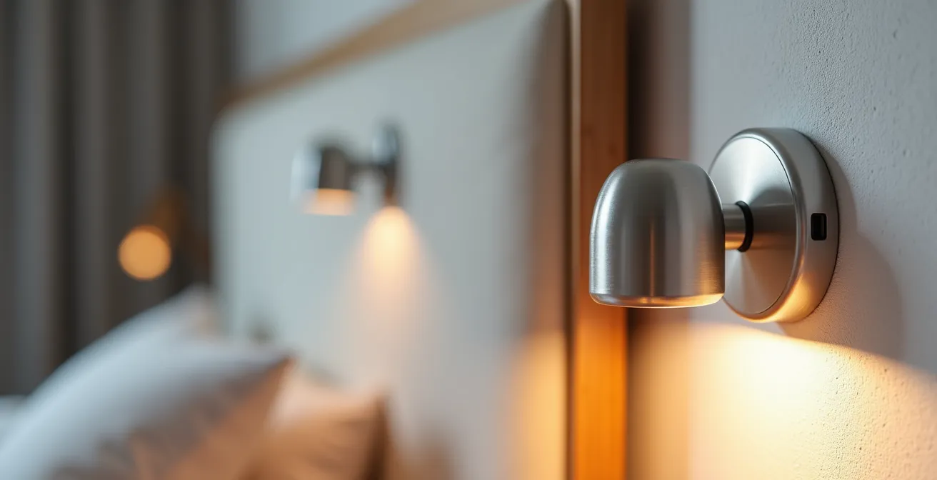 Aplique de lectura moderno con batería recargable instalado sin cables en dormitorio
