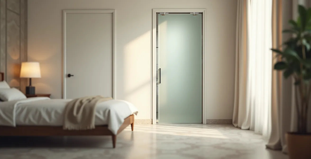 Baño en suite con elegante puerta corredera de vidrio esmerilado