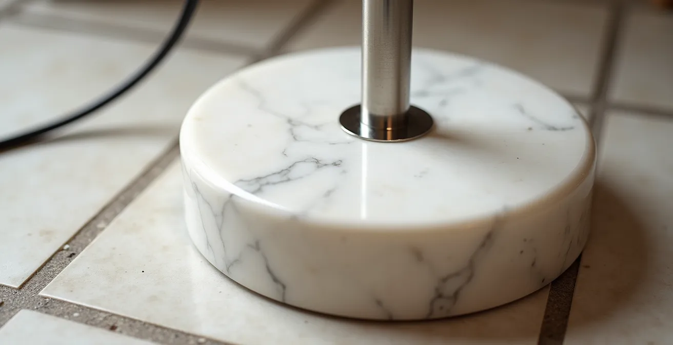 Base de mármol macizo de lámpara de arco mostrando su peso y estabilidad para seguridad en el hogar