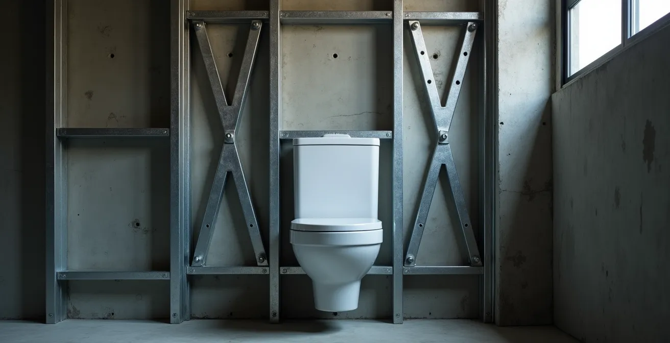 Estructura metálica de bastidor para inodoro suspendido vista desde abajo