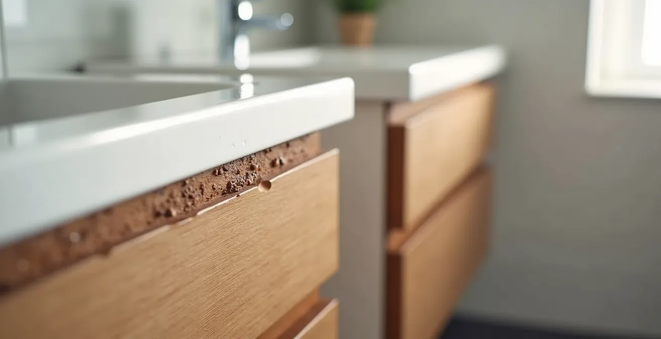 Detalle macro del canteado de PVC en mueble de baño mostrando diferencias de calidad