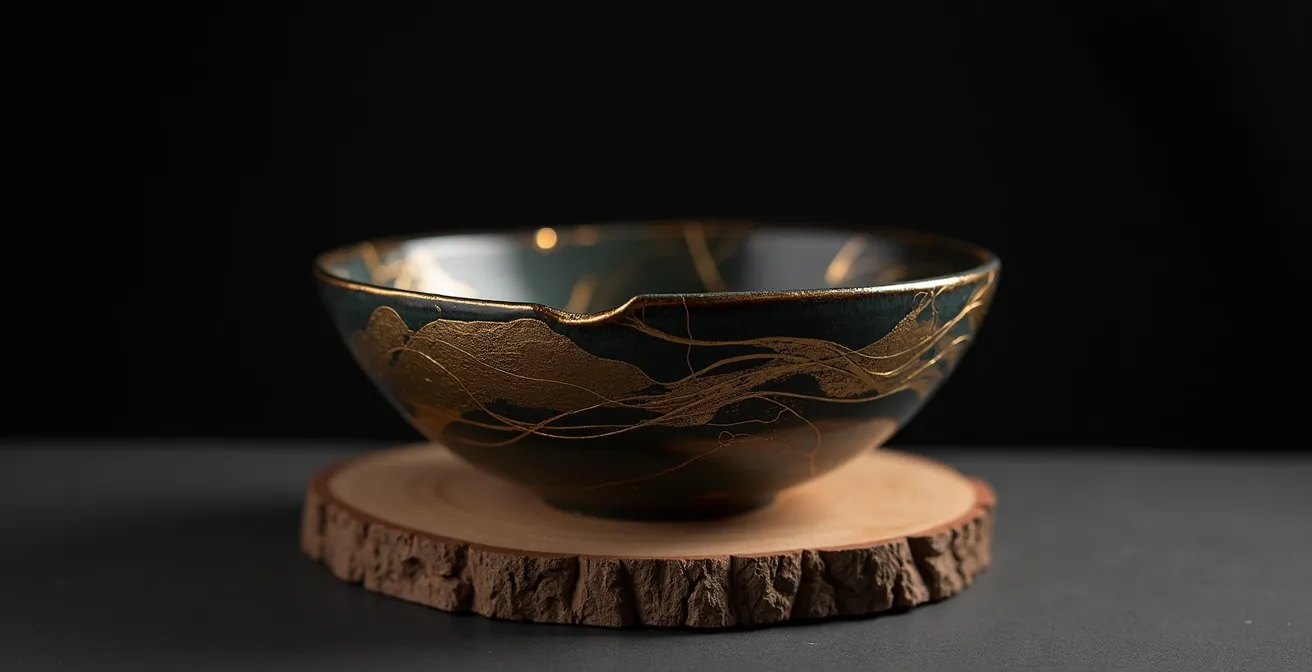 Jarrón de cerámica española reparado con técnica Kintsugi mostrando vetas doradas