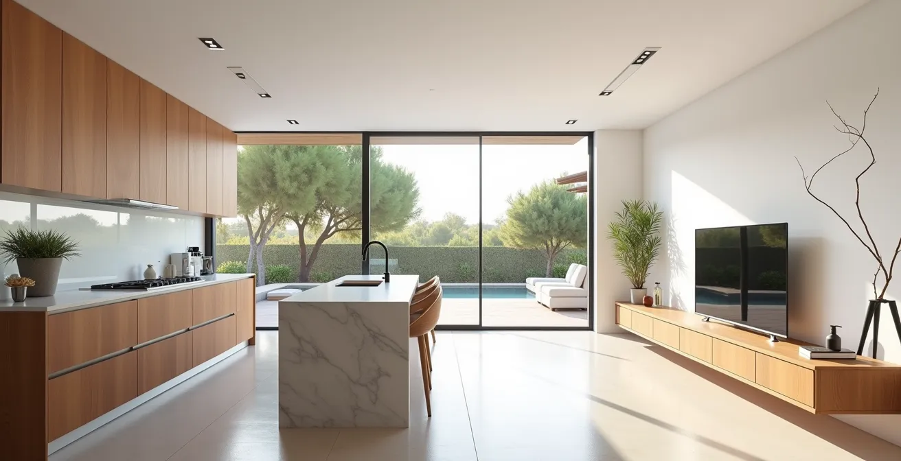 Vista panorámica de cocina y salón unidos visualmente por perfil gola continuo