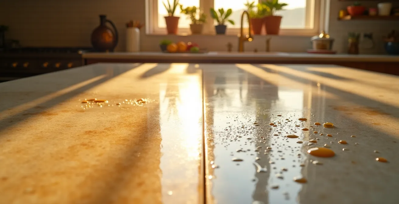 Vista comparativa de dos superficies de encimera con acabados brillante y mate bajo luz natural española
