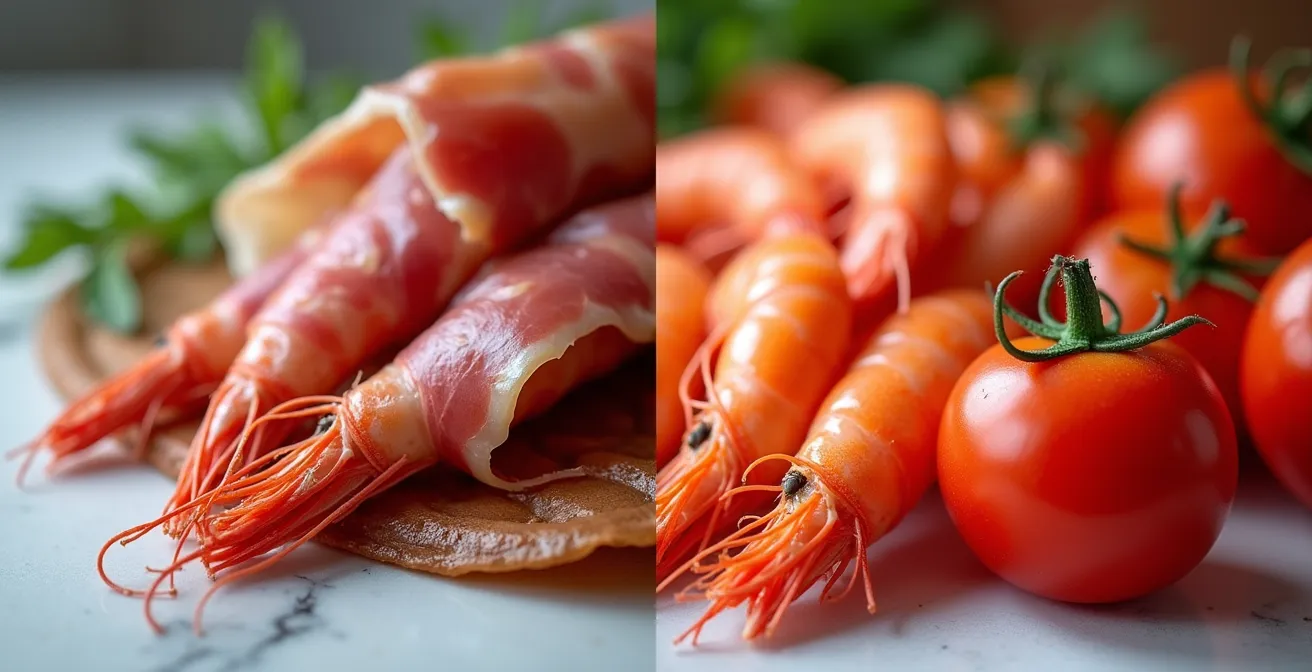 Comparación visual de alimentos españoles bajo diferentes índices CRI mostrando diferencias de color