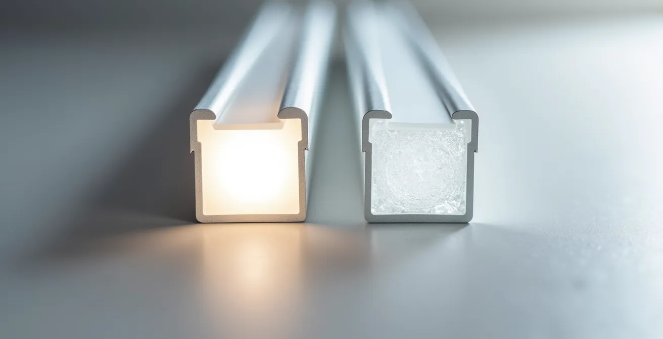 Comparación visual entre perfiles difusores ópalo y transparente para tiras LED