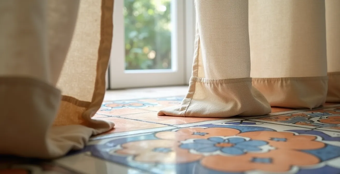 Detalle de cortina de lino rozando suavemente el suelo de baldosas hidráulicas españolas