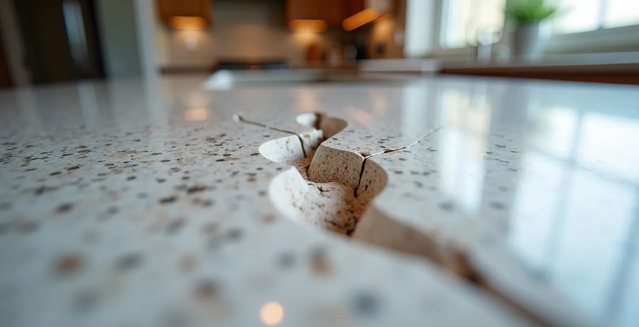 Detalle macro de una fisura por choque térmico en superficie de cuarzo con textura visible