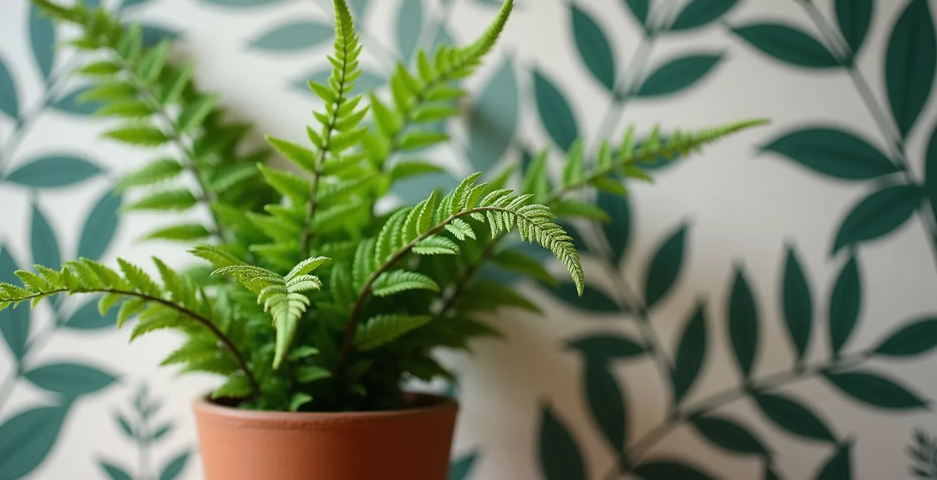 Composición armoniosa de papel pintado con hojas gráficas y planta de helecho real en primer plano