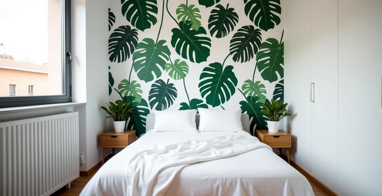 Dormitorio de 12m² en piso madrileño con papel de hojas tropicales grandes solo en pared del cabecero