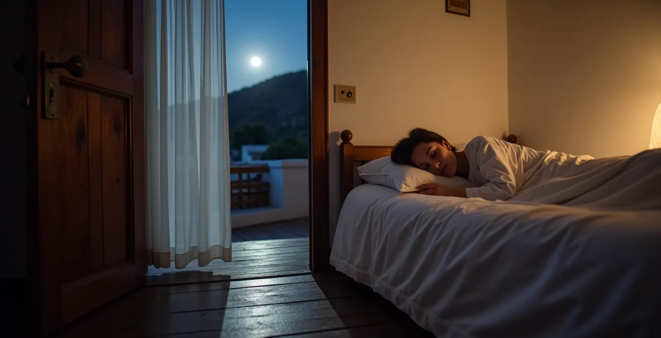Vista nocturna de dormitorio con puerta entornada mostrando flujo de aire y ambiente sereno
