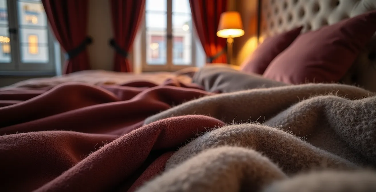 Habitación con cortinas gruesas de terciopelo, alfombra de lana y cabecero tapizado que absorben el ruido