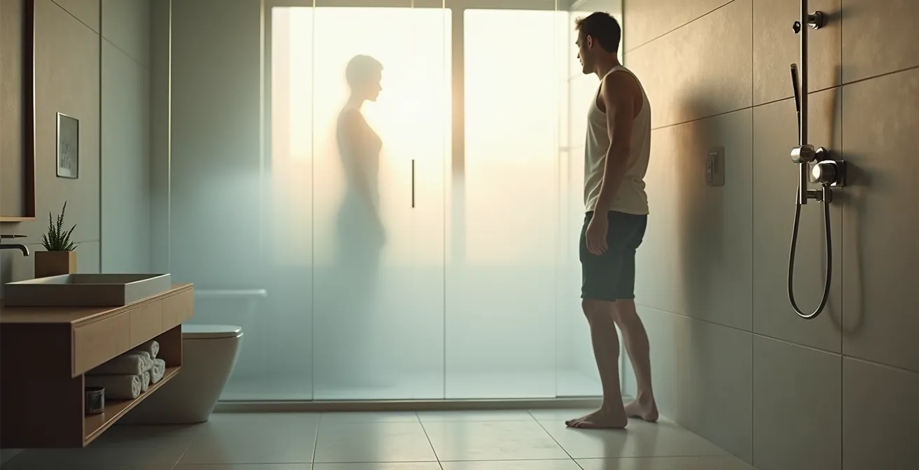 Ducha italiana moderna con desagüe lineal y baldosas de gran formato