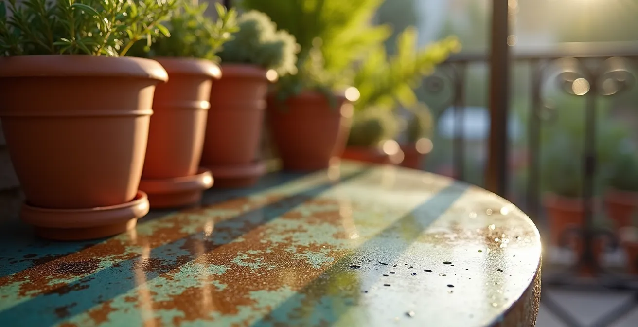 Espejo de exterior resistente a la intemperie en balcón mediterráneo reflejando vegetación