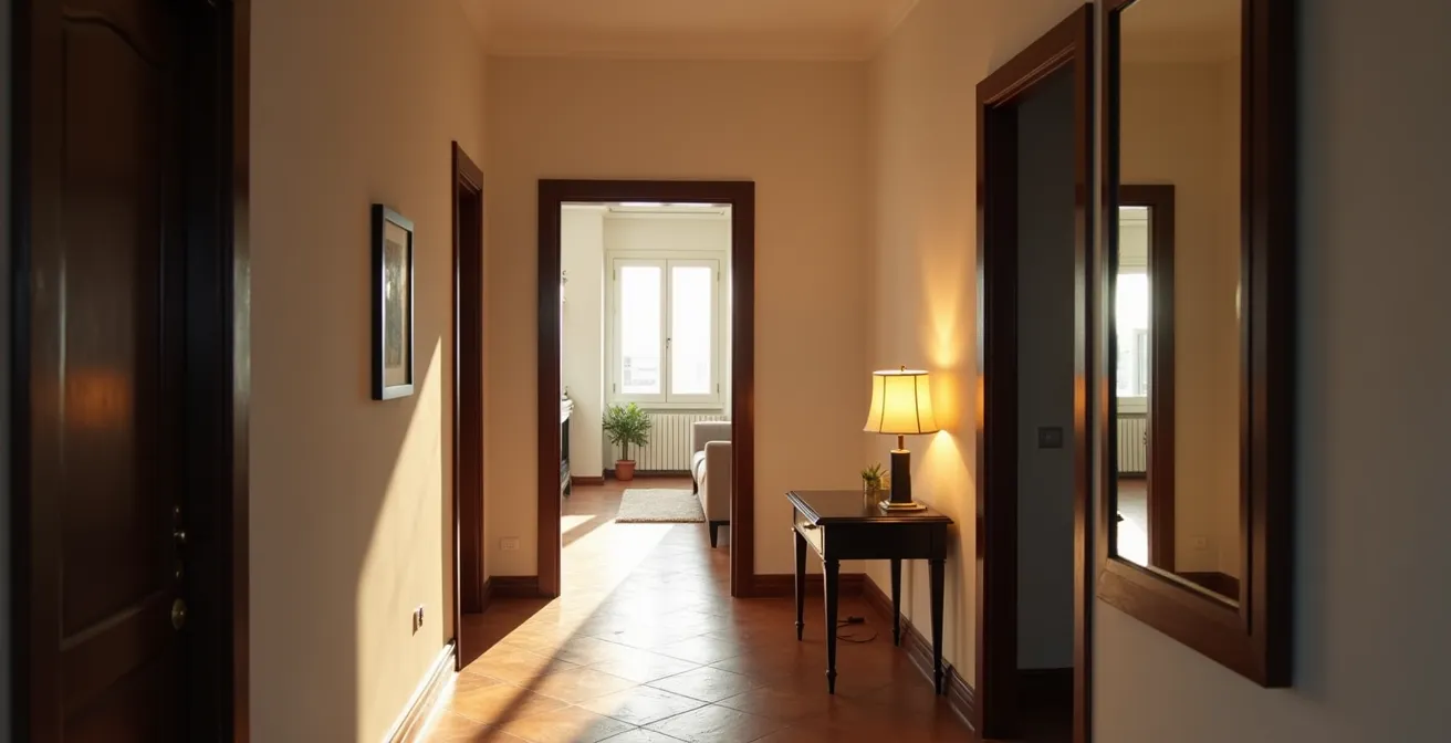 Recibidor con espejo estratégicamente colocado en pared perpendicular reflejando luz del salón