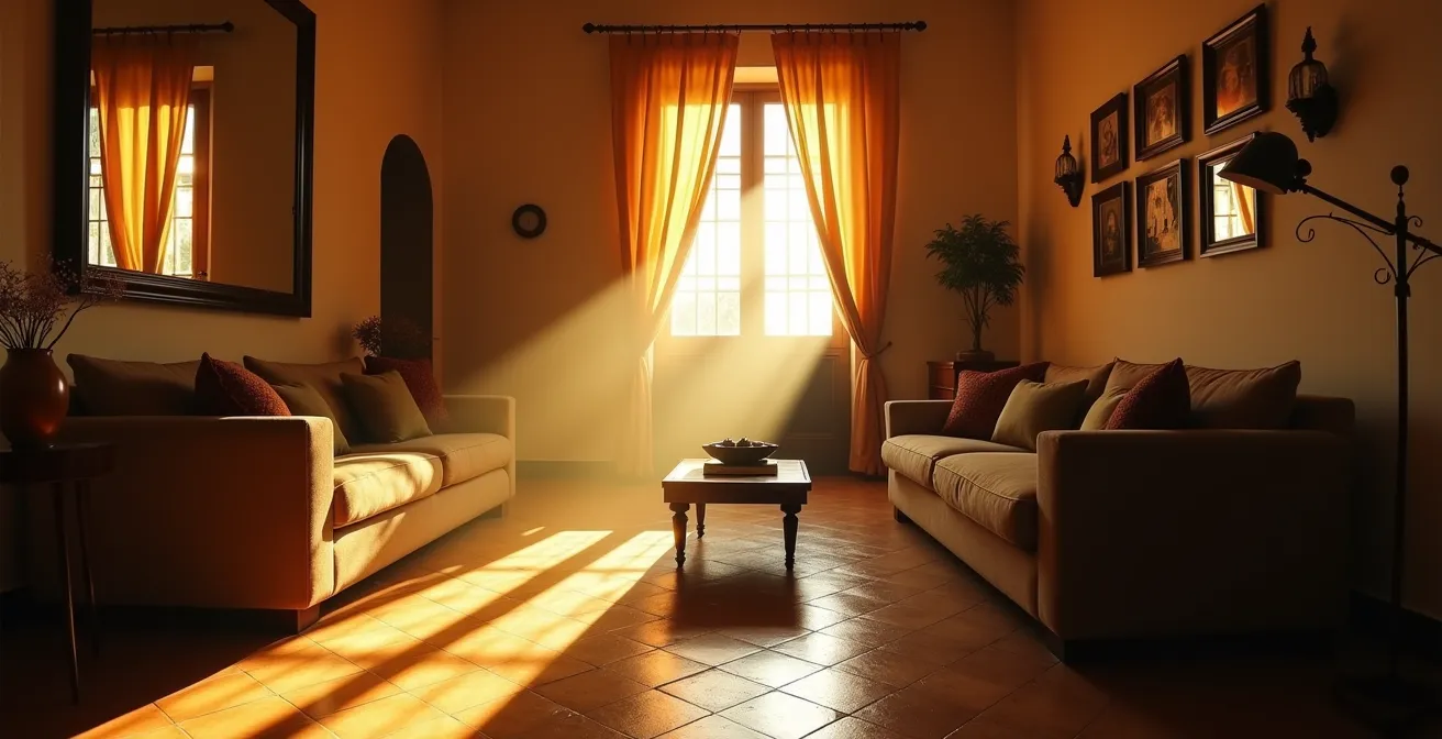 Composición de espejos pequeños dispersando luz natural hacia zona oscura del salón