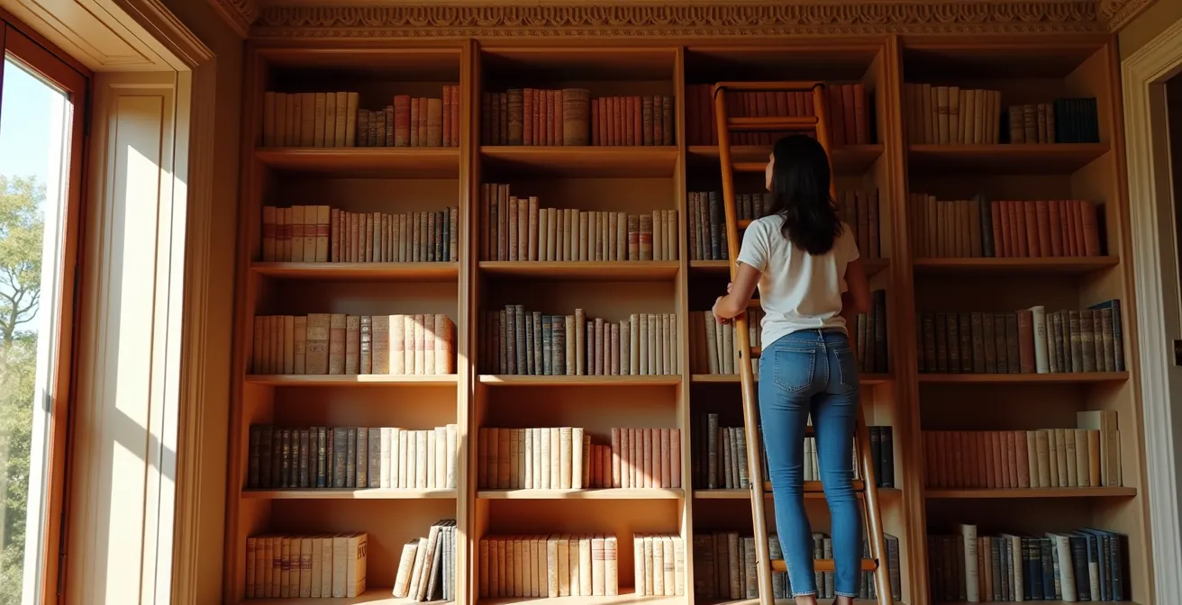 Librería a medida hasta el techo en piso antiguo con techos de 3,5 metros aprovechando todo el espacio vertical