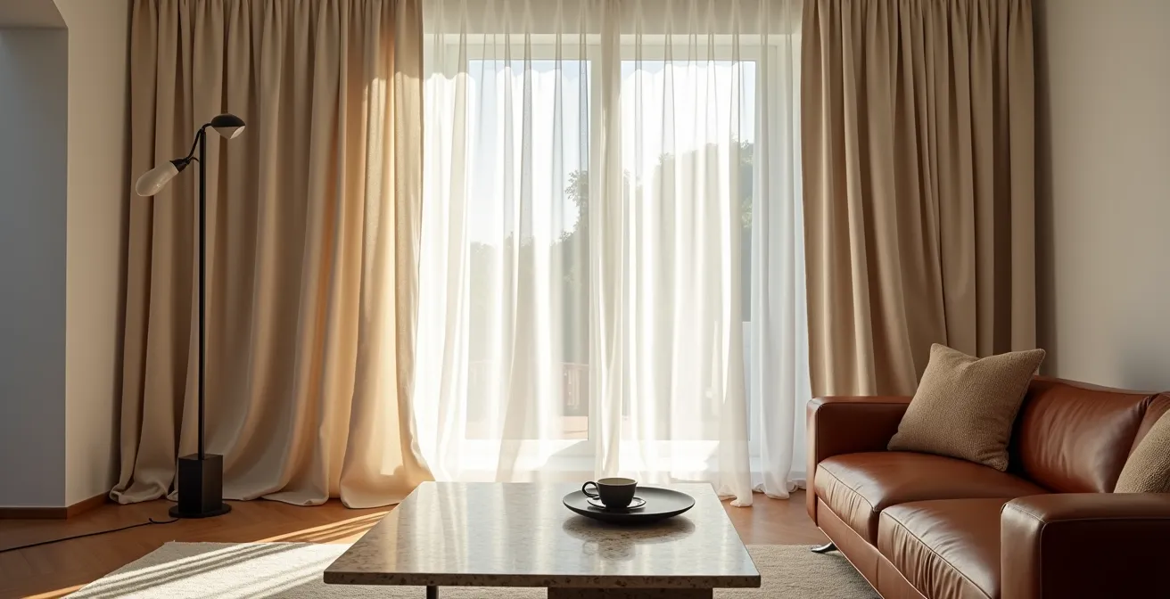 Salón minimalista con cortinas de lino arrugadas junto a una mesa de mármol y una lámpara negra