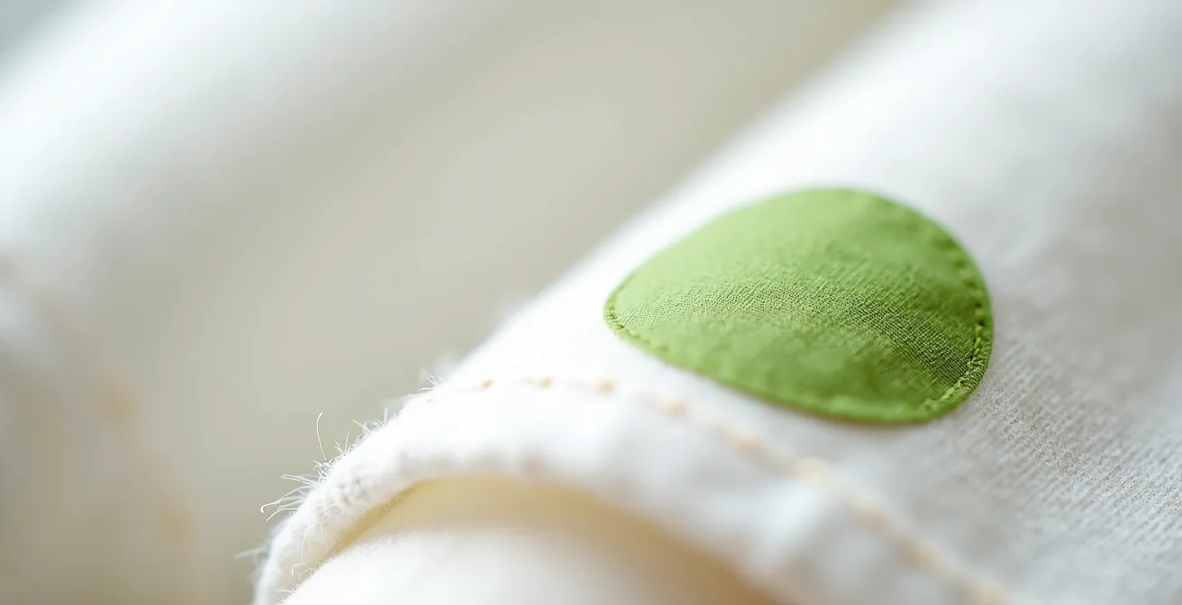 Primer plano de etiqueta GOTS en sábana de algodón orgánico