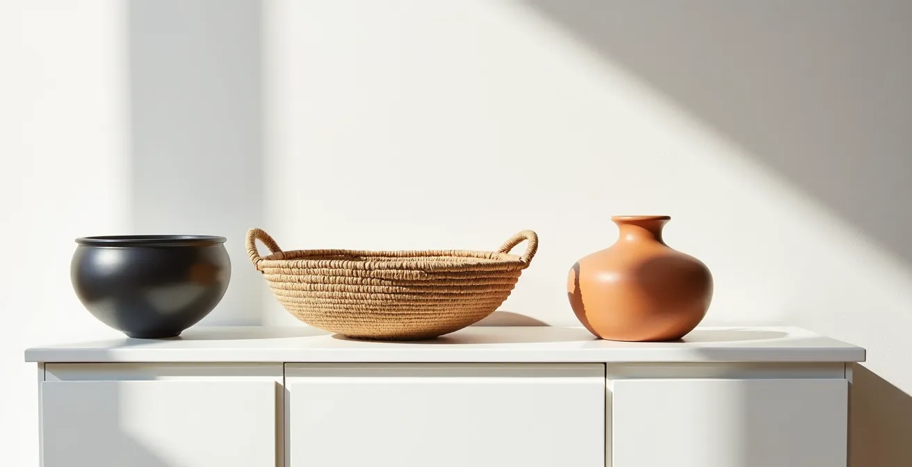 Composición de cerámica tradicional del norte y sur de España sobre mueble moderno