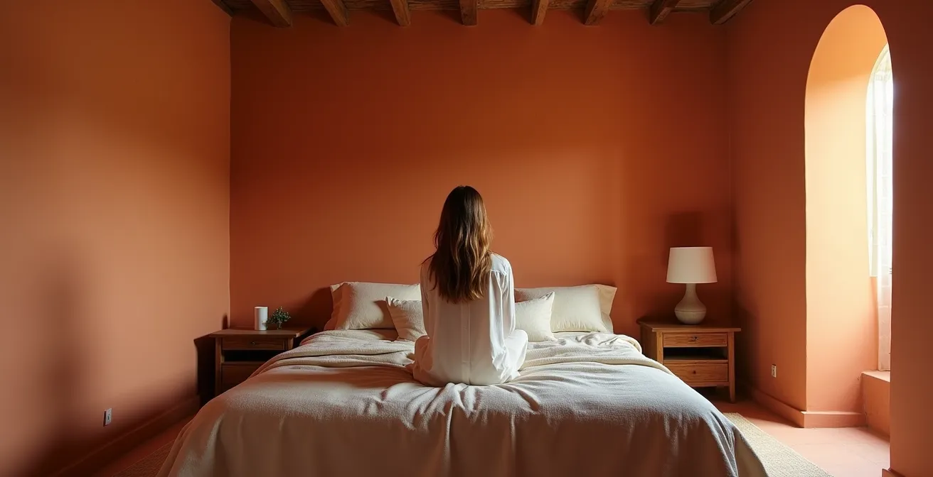 Dormitorio con techo y paredes pintados en terracota creando efecto envolvente