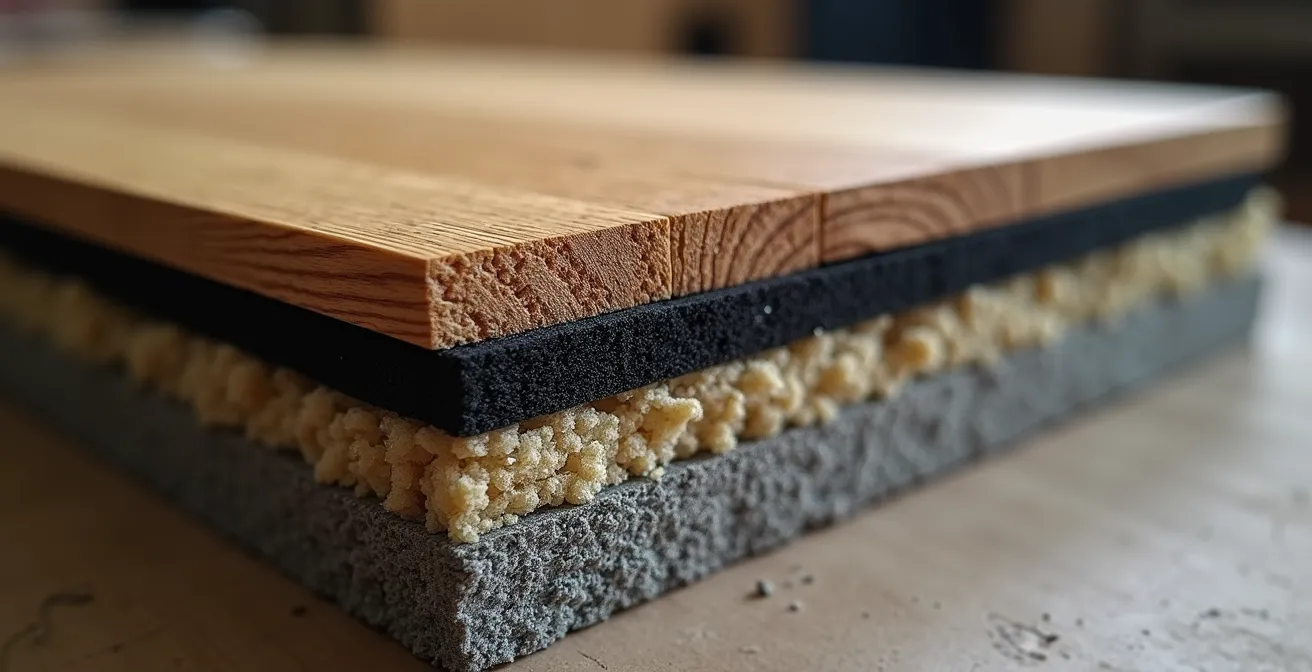 Diagrama técnico mostrando tres niveles de instalación de palillería de madera con diferentes capas de aislamiento acústico