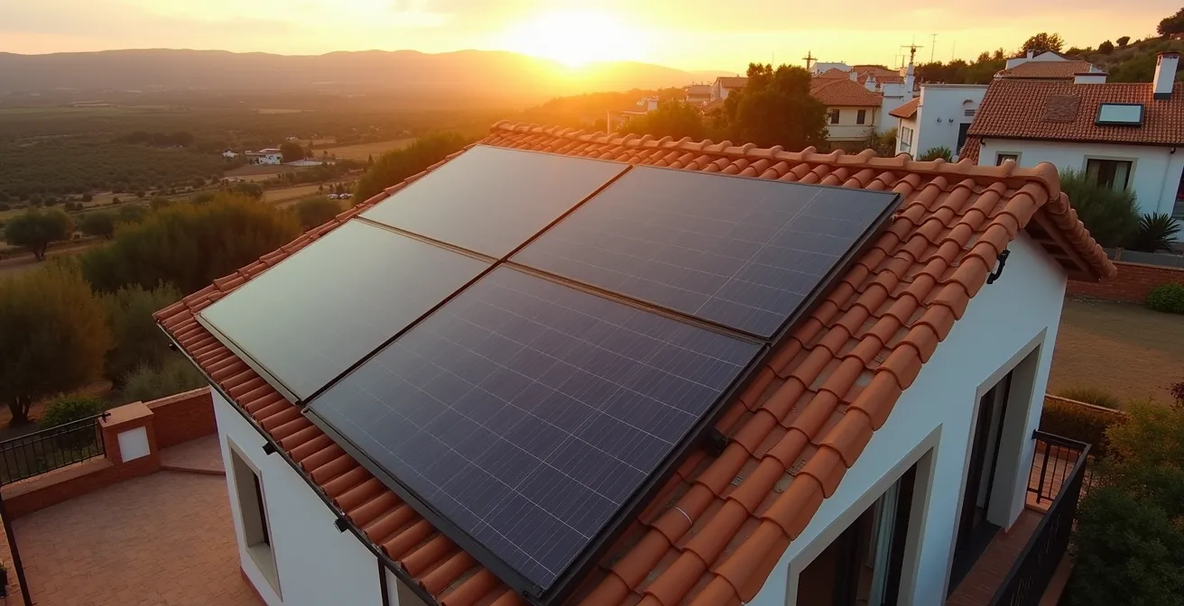 Vista aérea de casa española con placas solares y zoom a cocina con placa de inducción
