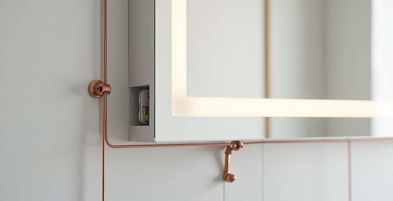 Diagrama de instalación eléctrica para espejo retroiluminado mostrando punto de conexión oculto