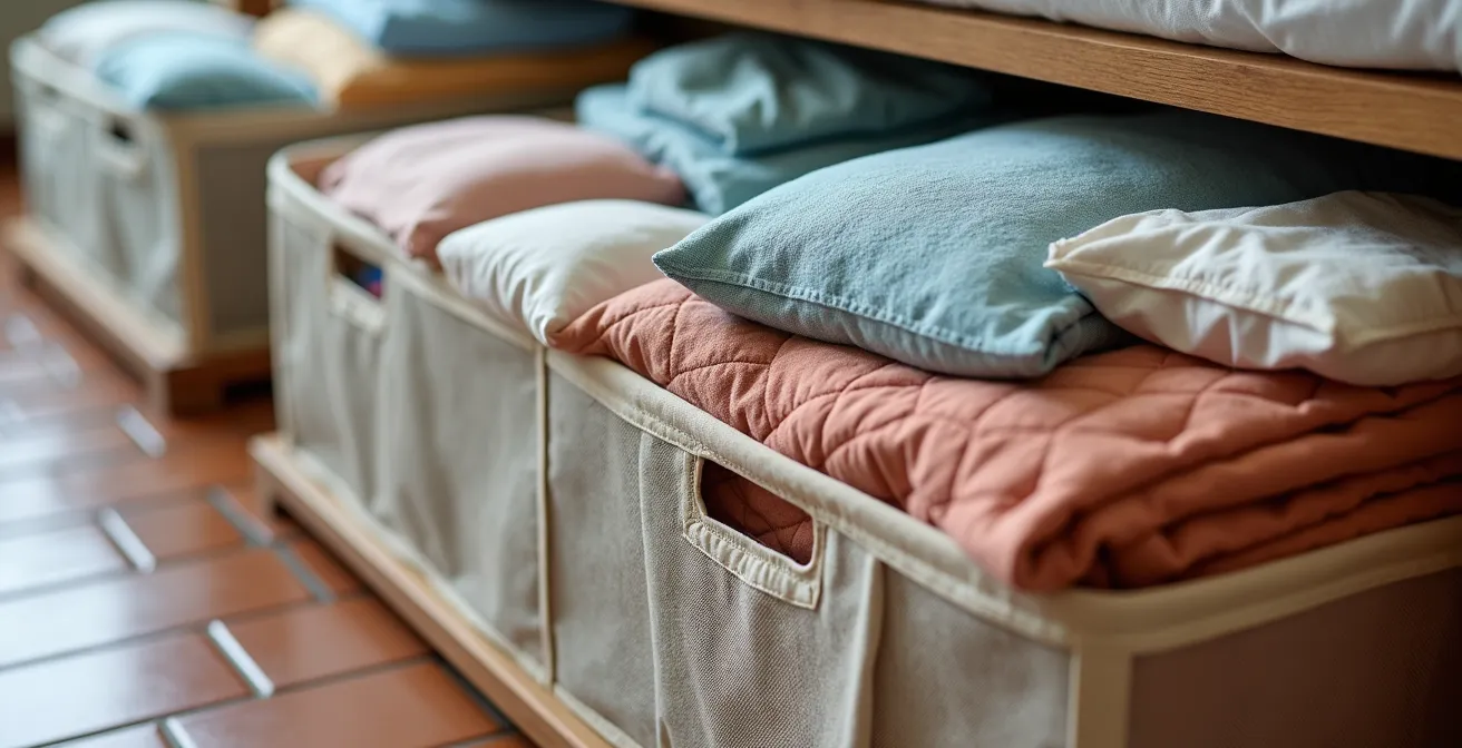 Interior de canapé con cajas organizadoras y bolsas de vacío