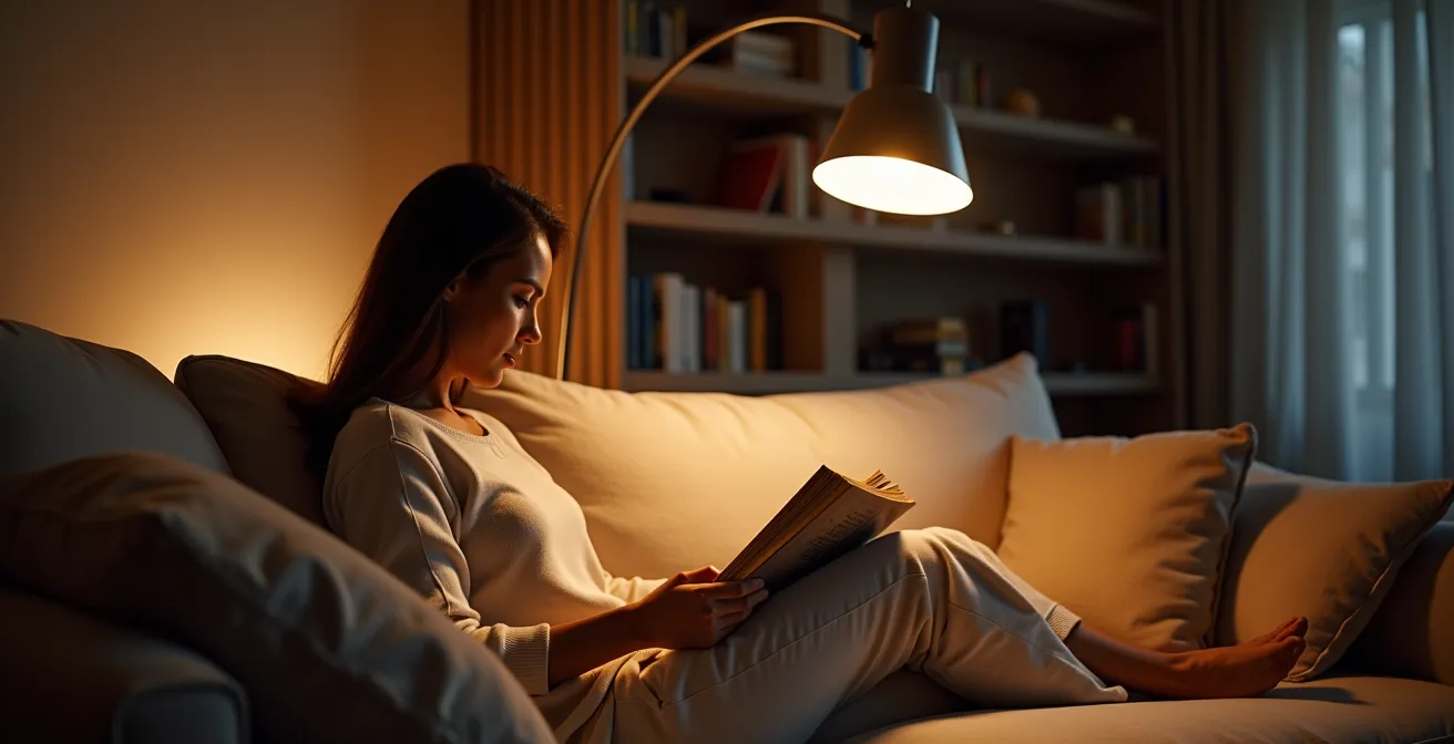 Lámpara de arco posicionada idealmente junto a sofá para lectura sin sombras