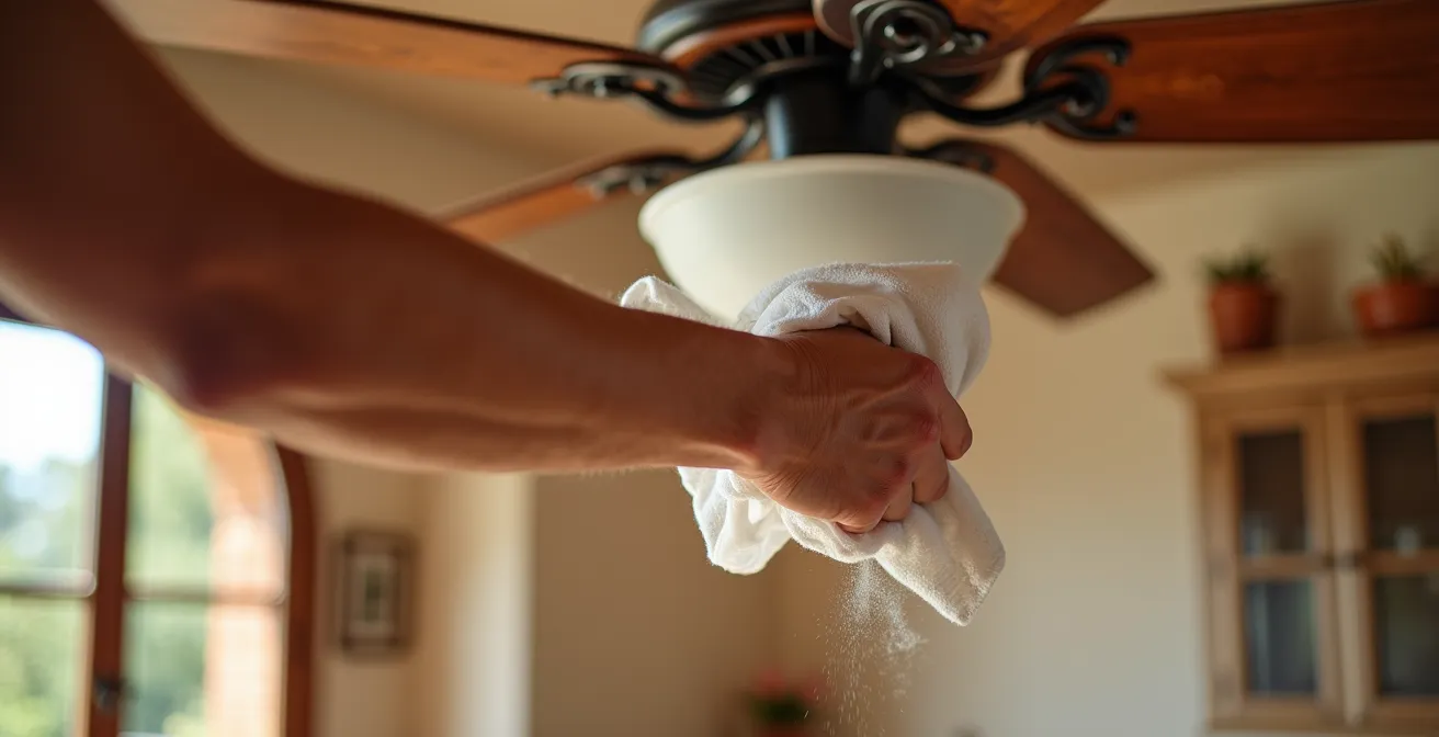 Manos de una persona limpiando las aspas de un ventilador de techo con una funda de almohada para atrapar el polvo.