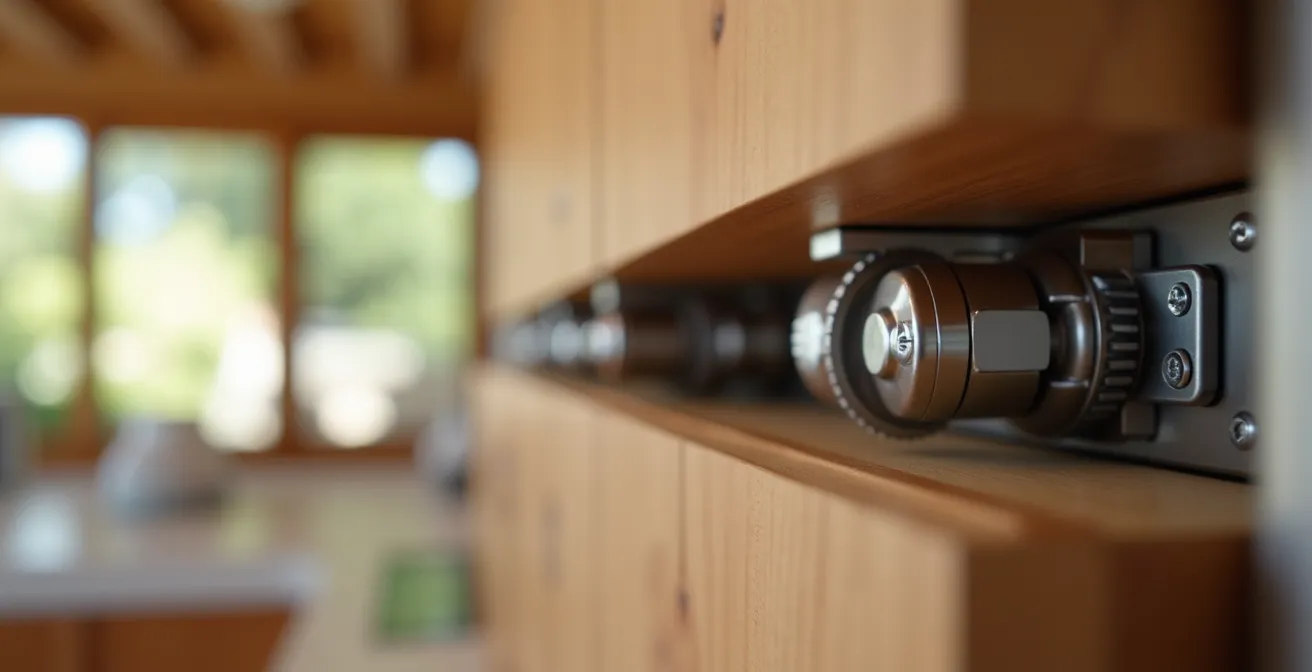 Detalle macro del mecanismo de un compás elevable en mueble alto de cocina