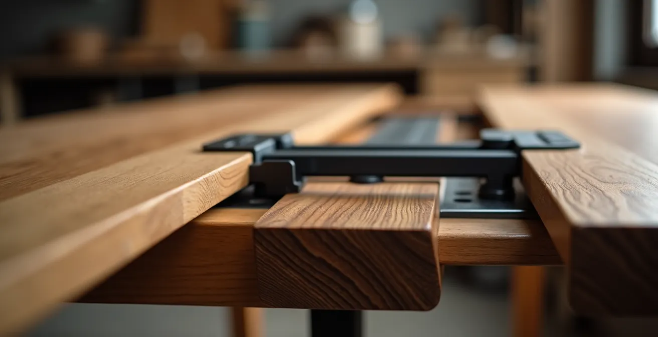 Detalle del mecanismo de extensión de una mesa de roble español de alta calidad