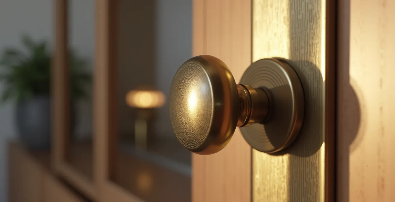 Detalles de herrajes en metal negro y latón distribuidos armoniosamente en una casa española