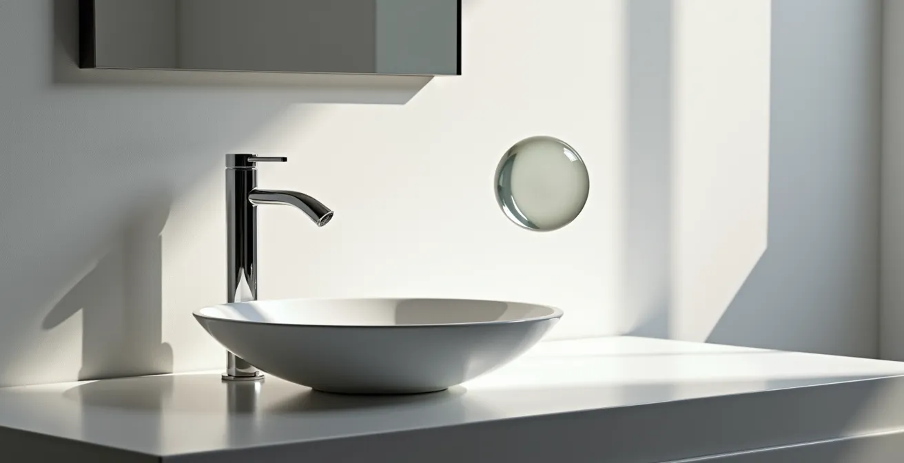 Vista lateral de mueble de baño de fondo reducido con lavabo y grifo en proporción correcta