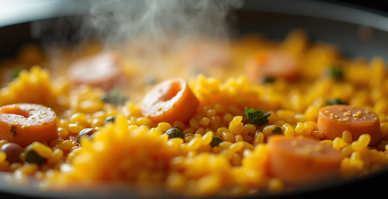 Comparación visual de paella recalentada con vapor mostrando granos de arroz perfectos y húmedos