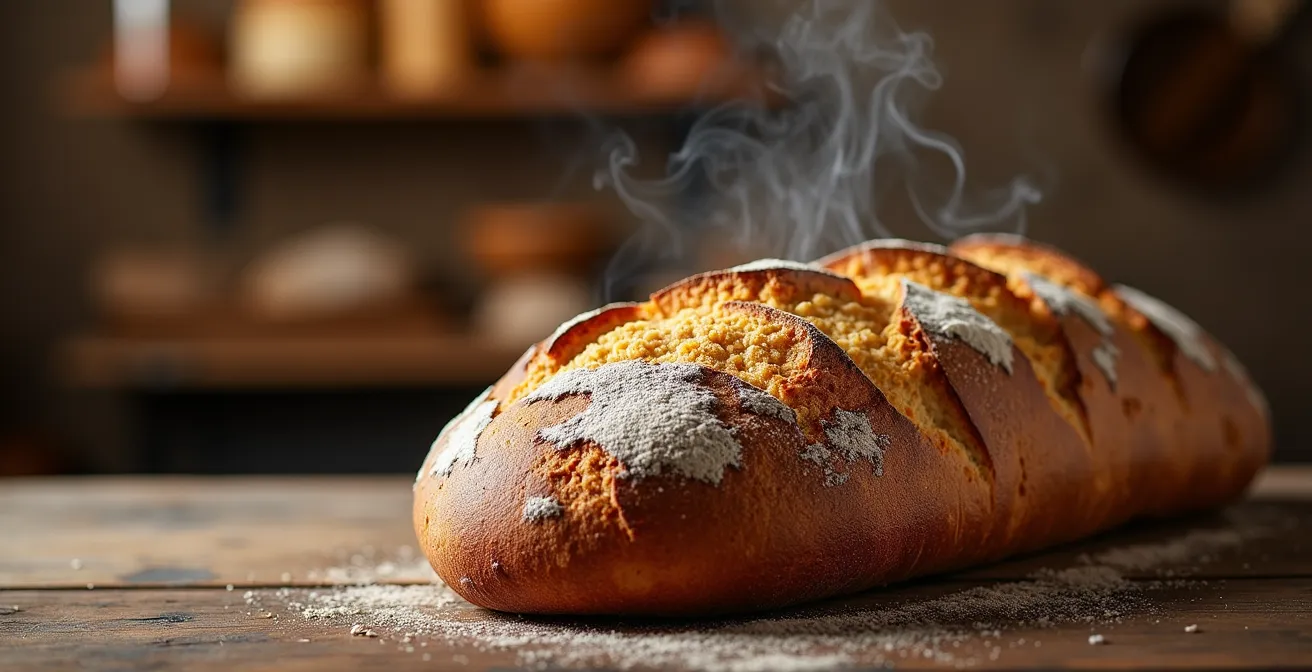 Pan artesano español con corteza dorada perfecta mostrando la greña característica conseguida con vapor