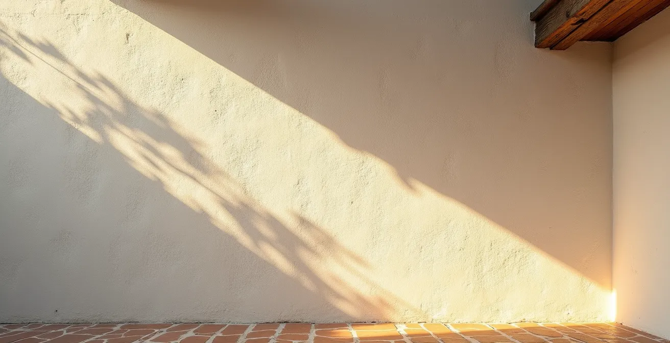 Pared encalada mediterránea con juego de luz y sombras naturales