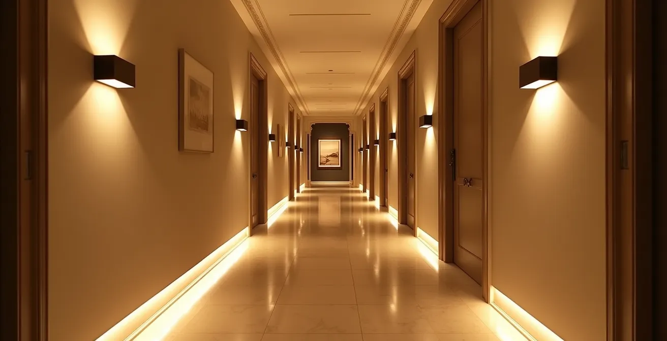 Pasillo largo típico de piso español con iluminación de apliques alternados y luz de zócalo