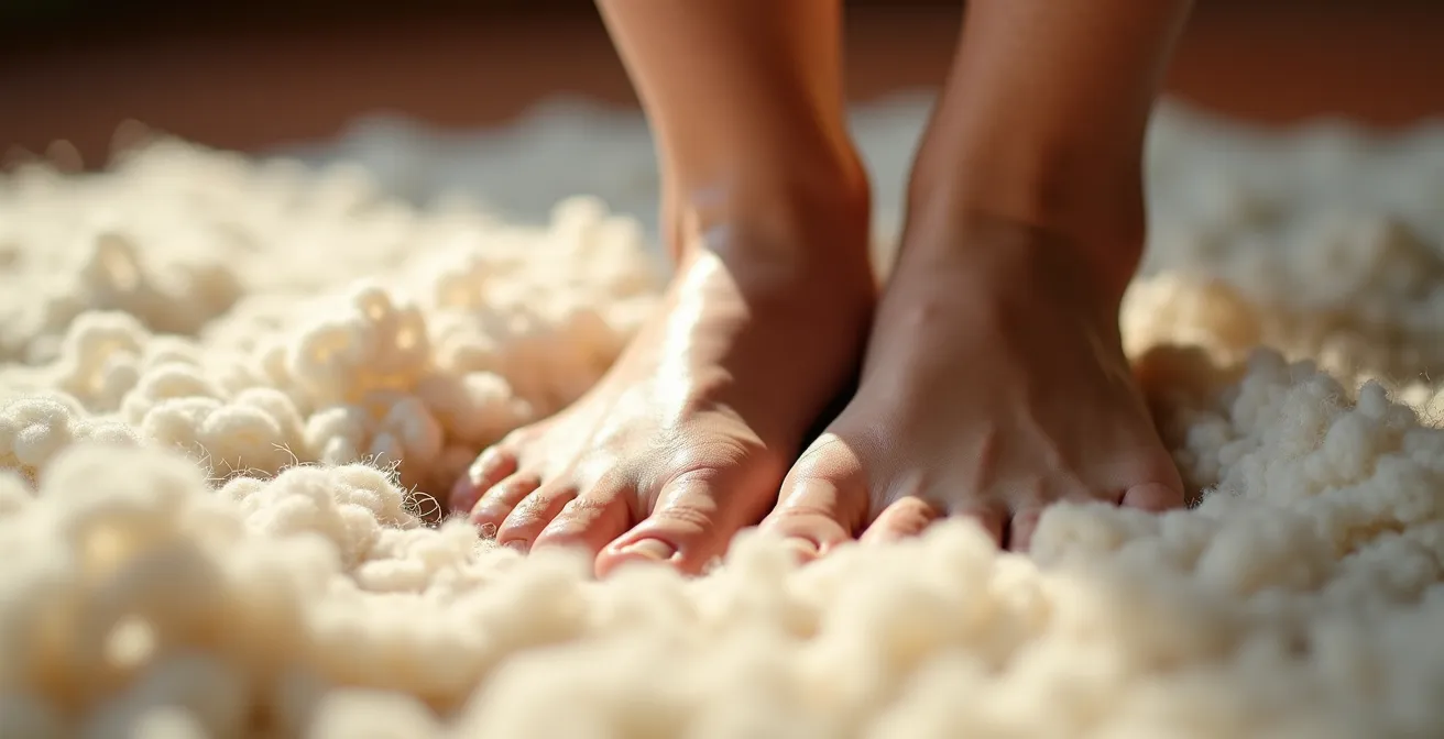 Detalle macro de pies descalzos sobre alfombra de lana gruesa con textura natural visible