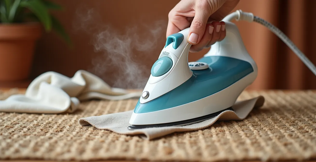 Manos aplicando vapor sobre alfombra de yute con plancha y paño húmedo