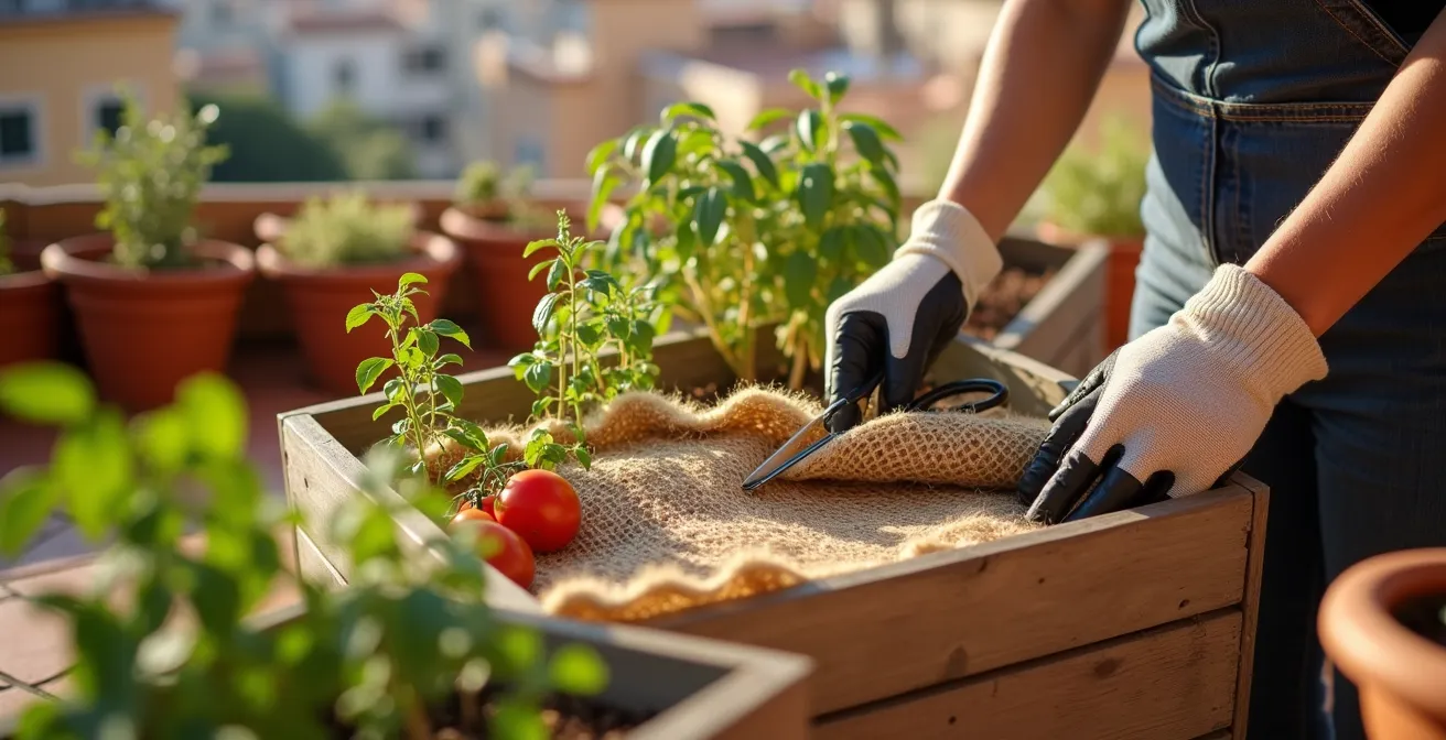 Alfombra de sisal reutilizada como base protectora en huerto urbano de terraza española