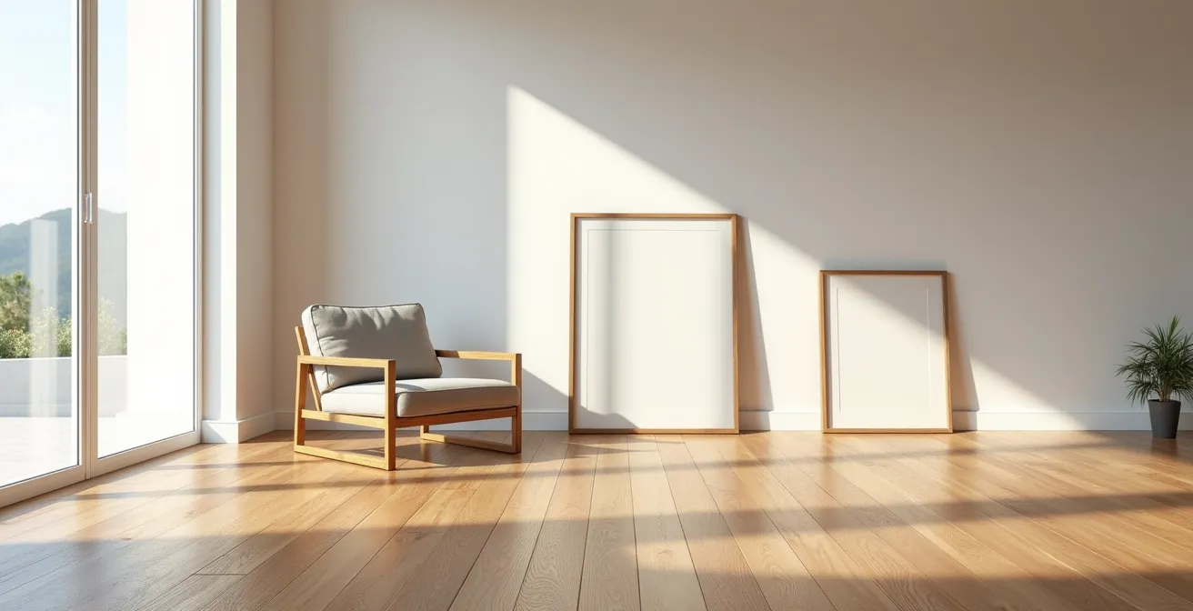 Salón moderno que aplica la regla de la madera dominante, con un suelo de roble que ocupa el 70% del espacio y muebles de nogal como acento.