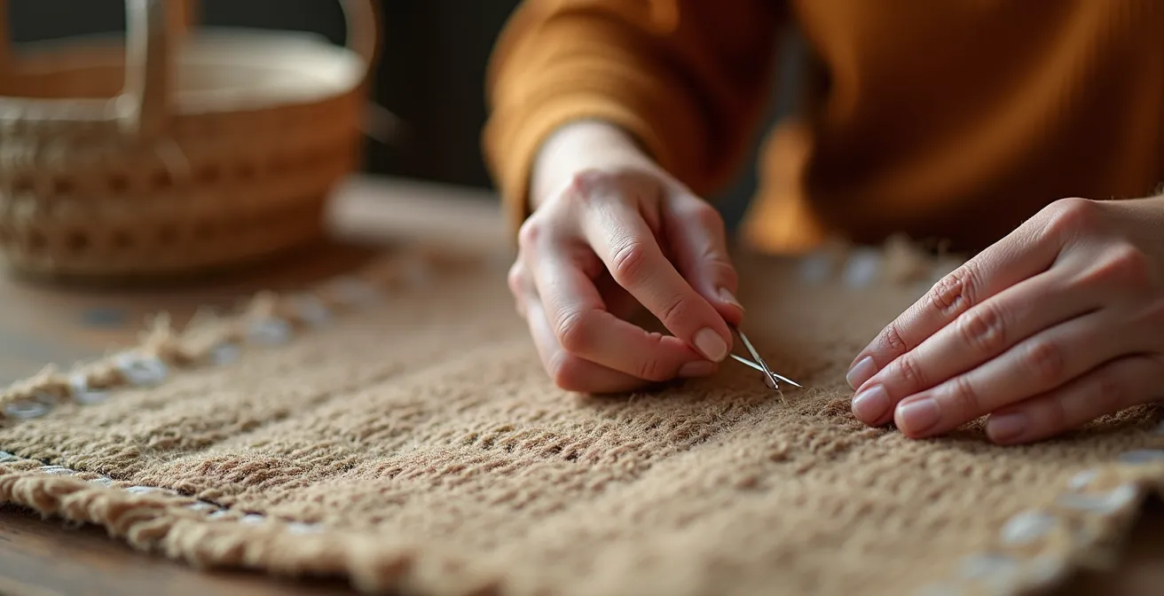 Manos cosiendo el borde deshilachado de una alfombra de yute con punto de festón