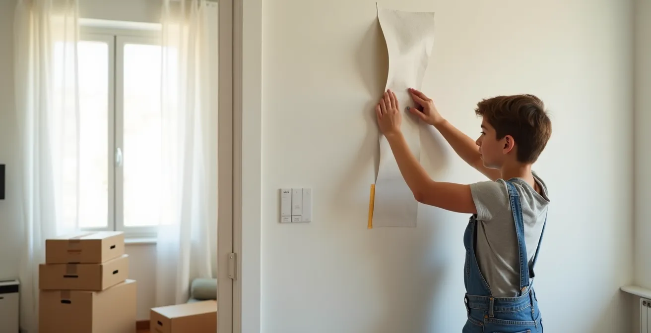 Persona retirando cuidadosamente papel TNT de una pared sin dañarla, mostrando la facilidad del proceso
