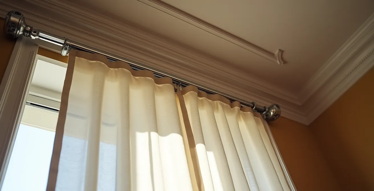 Sistema de riel motorizado instalado en techo para cortinas pesadas de lino