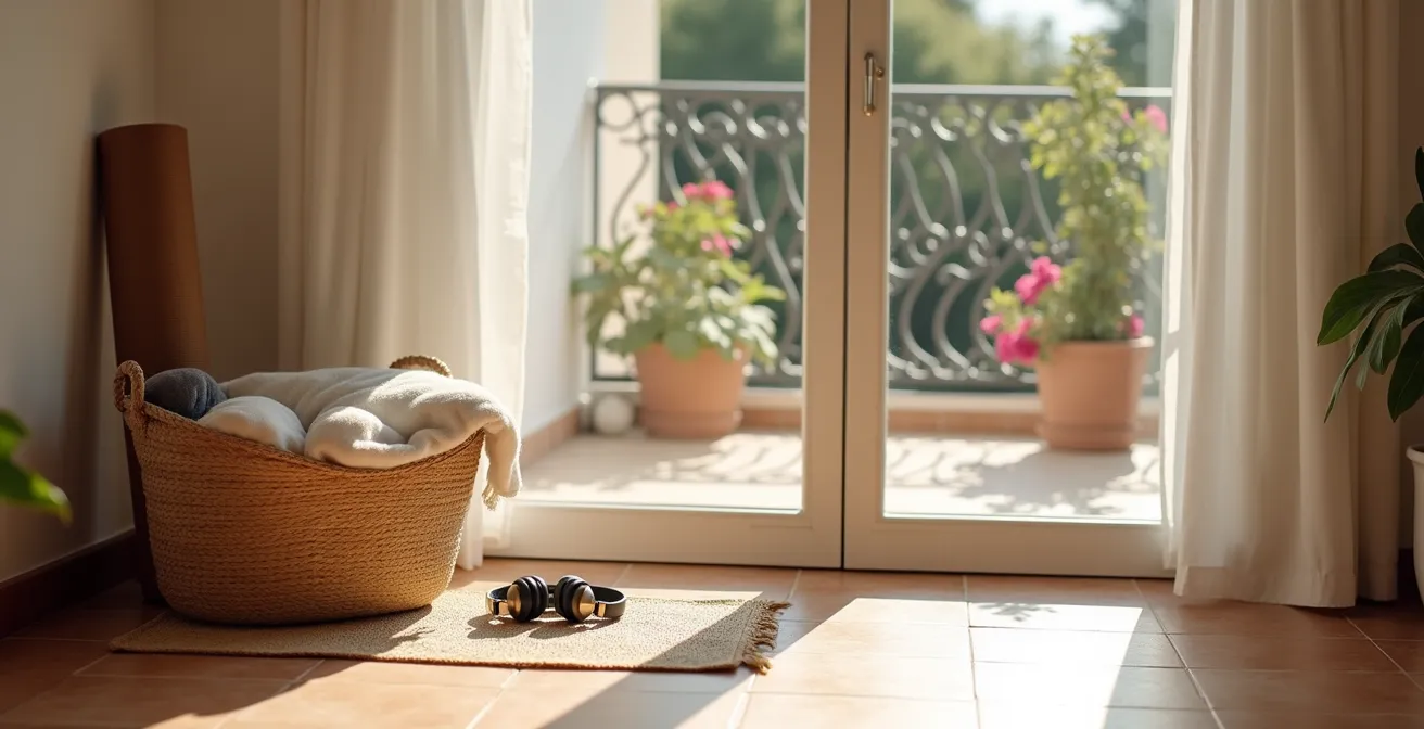Rincón temporal de meditación con cesta de elementos sensoriales y vista a balcón mediterráneo